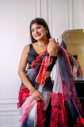 Raven digital black rose printed pure organza saree